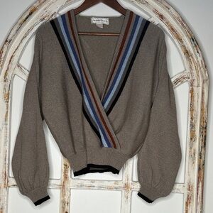 Michelle Stuart Taupe V-Neck Sweater with Striped Trim- Size Small/Medium